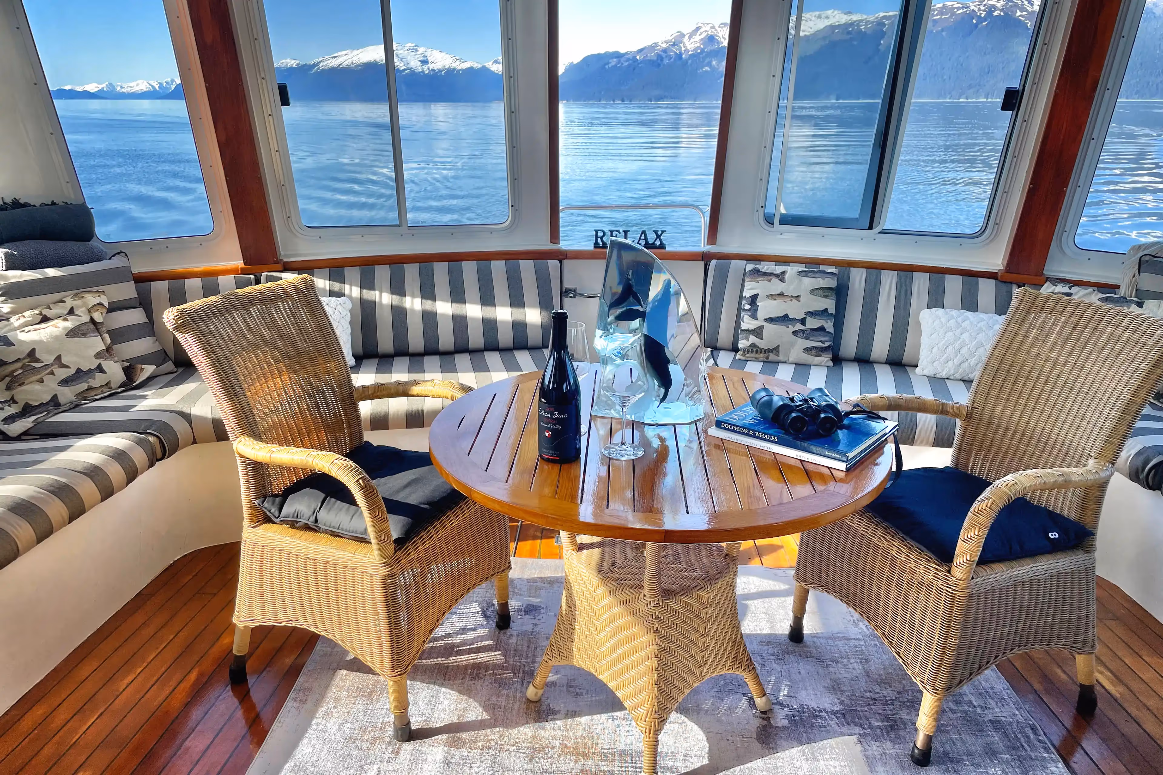Cozy and elegant interior of the Glacier Bear yacht, perfect for relaxation.