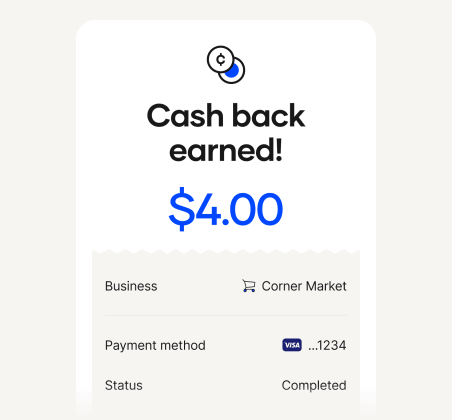 Confirmation screen displaying "Cash back earned $4.00" with details below showing "Business Corner Market", "Payment method VISA ...1234", and "Status Completed". The layout highlights a completed transaction and the reward earned from the purchase.