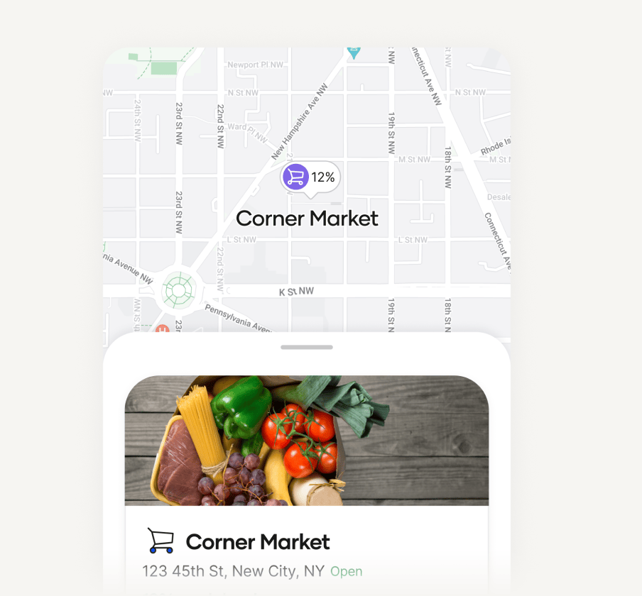 Map view highlighting "Corner Market" with a "12%" offer marker, above a listing card showing groceries like tomatoes, peppers, pasta, and grapes. The card includes "Corner Market" and "123 45th St, New City, NY Open", connecting the location to an available cash back deal.
