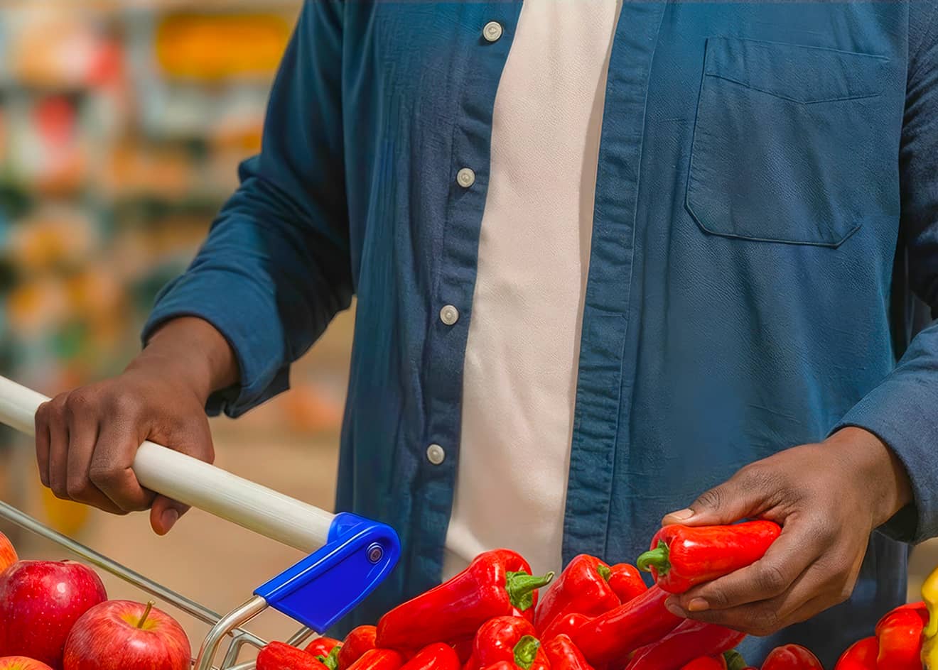 Person holding a red pepper while pushing a shopping cart filled with apples and more peppers in a grocery store produce section. The close view focuses on selecting fresh vegetables during a routine shopping trip.