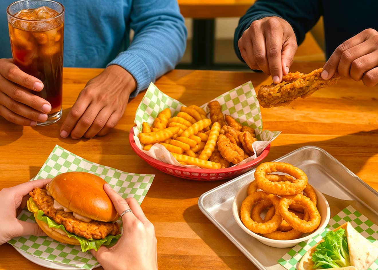Three people share a meal at a table with a fried chicken sandwich, crinkle cut fries, chicken tenders, onion rings, and a glass of soda. Hands reach in to grab food, capturing a casual dining moment with friends.
