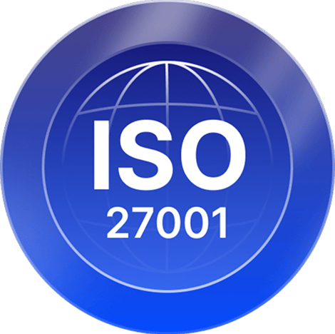 Blue circular badge displaying "ISO 27001" with a globe icon, indicating compliance with international information security standards.
