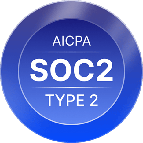 Blue circular badge displaying "AICPA SOC2 TYPE 2", representing audited compliance with data security and privacy controls.