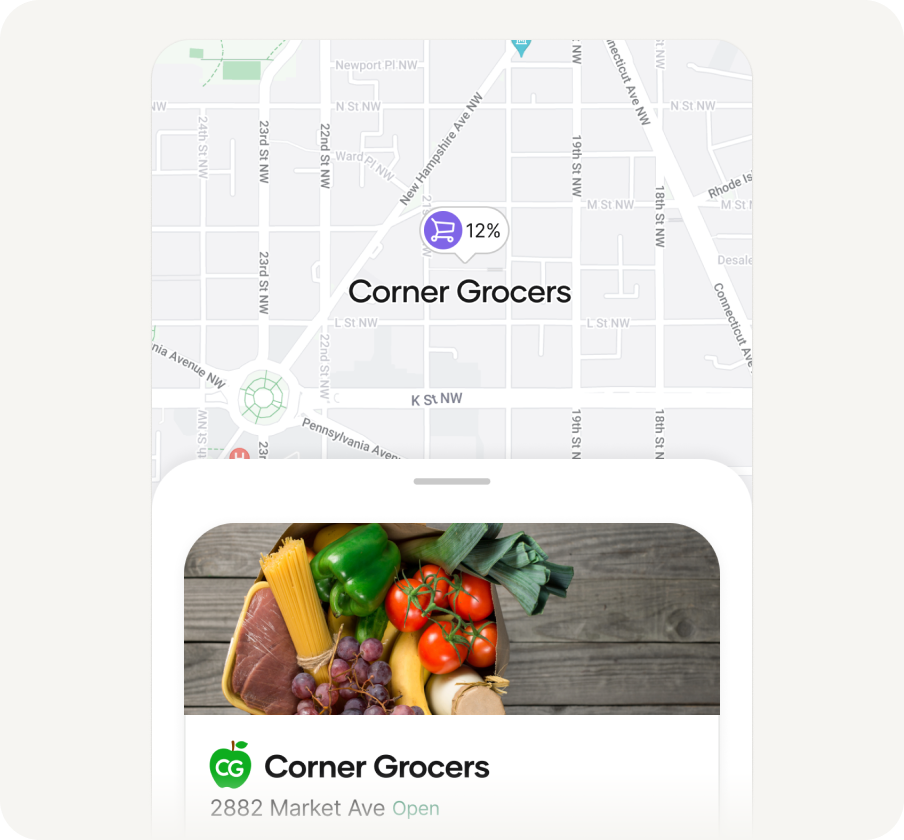 Map view highlighting "Corner Market" with a "12%" offer marker, above a listing card showing groceries like tomatoes, peppers, pasta, and grapes. The card includes "Corner Market" and "123 45th St, New City, NY Open", connecting the location to an available cash back deal.