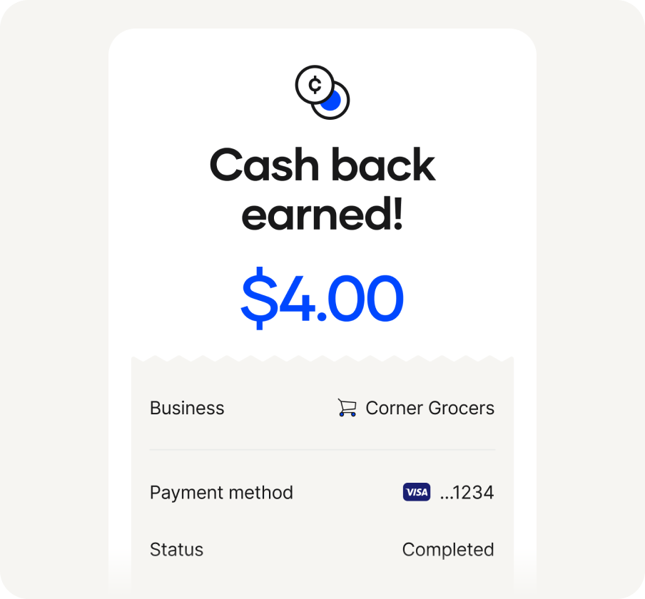Confirmation screen displaying "Cash back earned $4.00" with details below showing "Business Corner Market", "Payment method VISA ...1234", and "Status Completed". The layout highlights a completed transaction and the reward earned from the purchase.