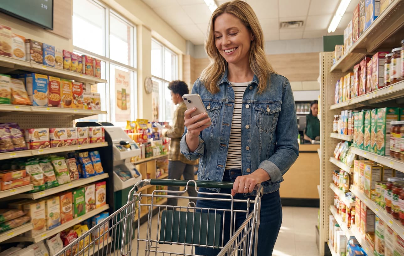 A woman smiles while looking at her smartphone and pushing a shopping cart down a grocery store aisle. Shelves filled with packaged food line both sides of the aisle, with other shoppers visible in the background.