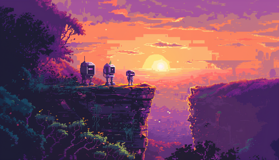 Three little robots looking out over a cliff on a pixelated orange and purple landscape at sunset