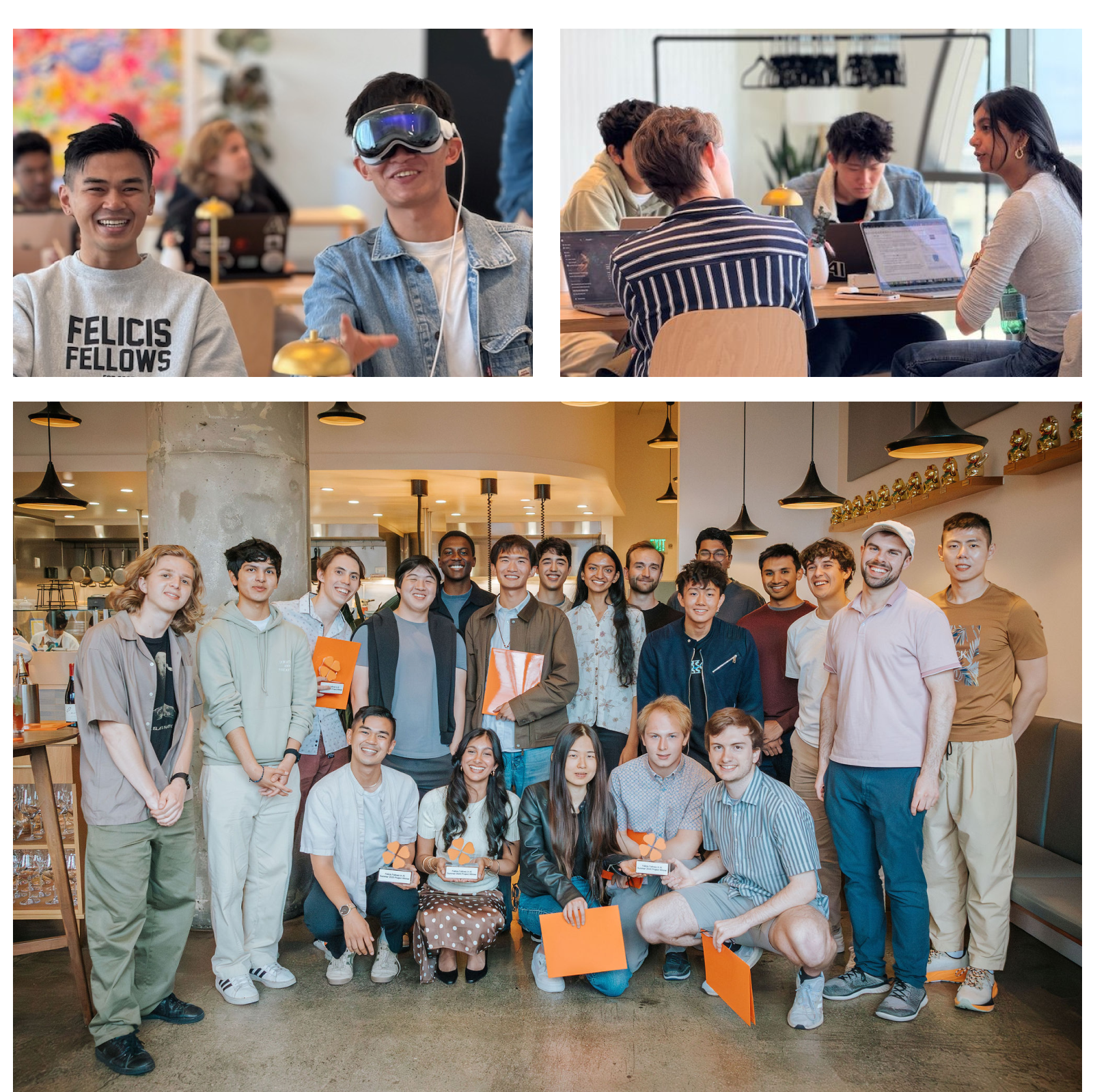 Felicis Fellows working on projects with an Apple Vision Pro; Working on laptops in a coworking space; All together celebrating the end of the week