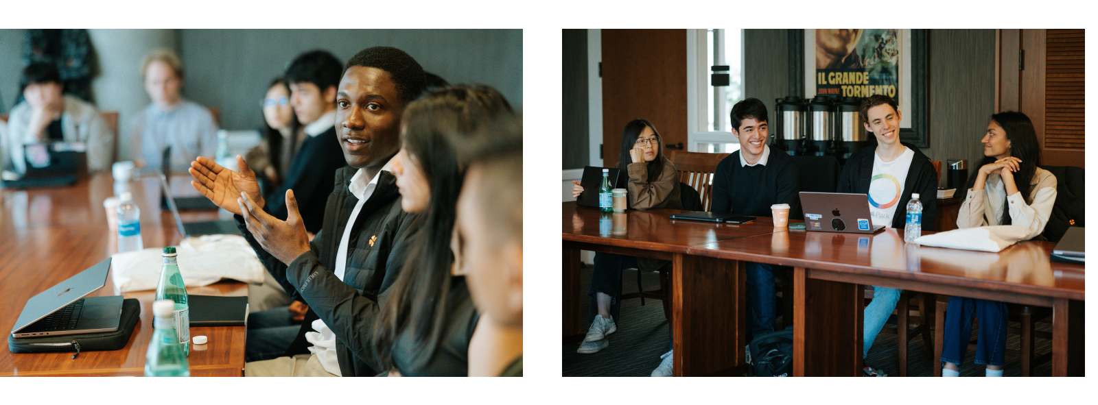 On left: Felicis Fellow in conversation. On right, Felicis Fellows listening to a founder discussion