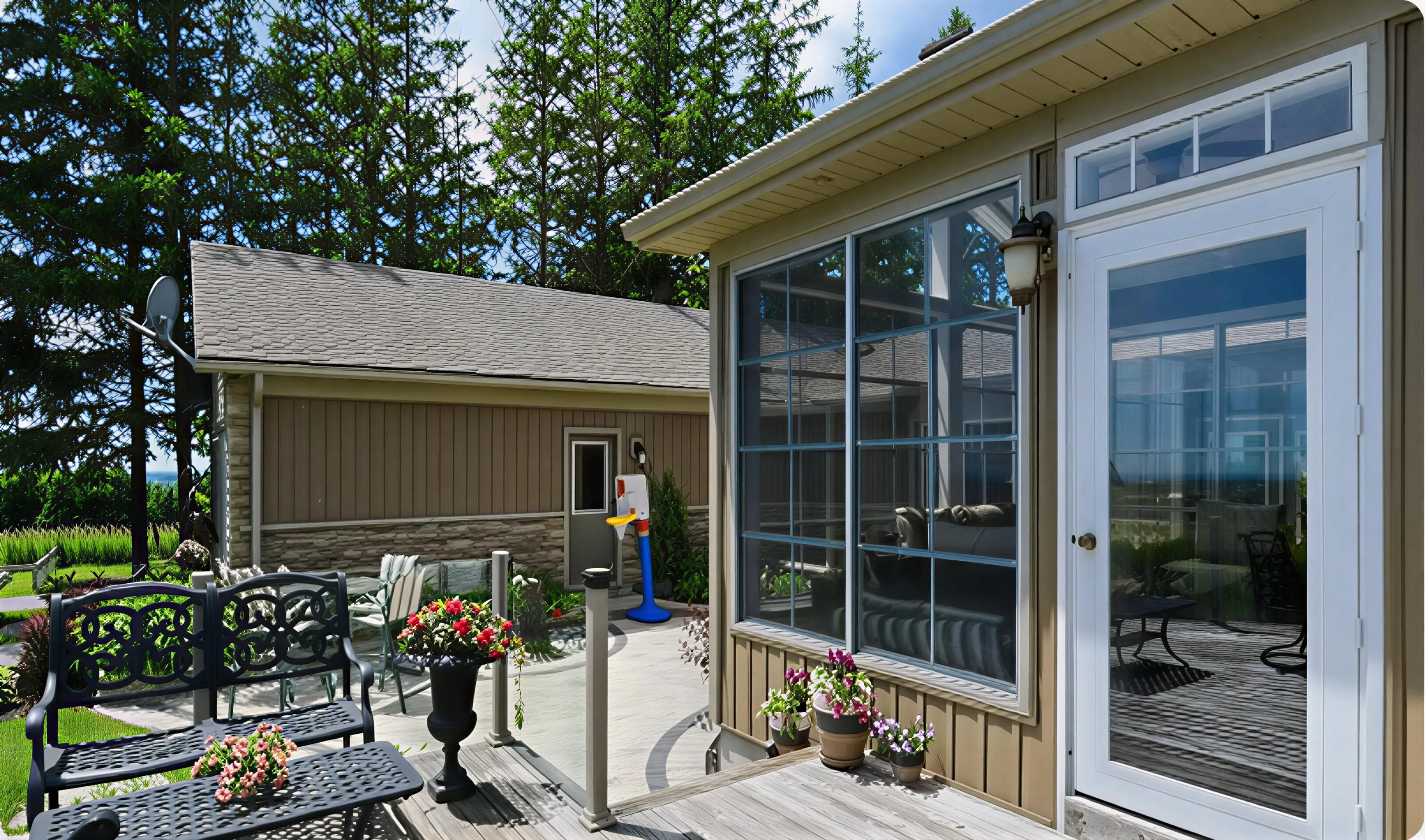 Outdoor patio with black metal bench, chairs, flower pots, and a glass door leading into a house.