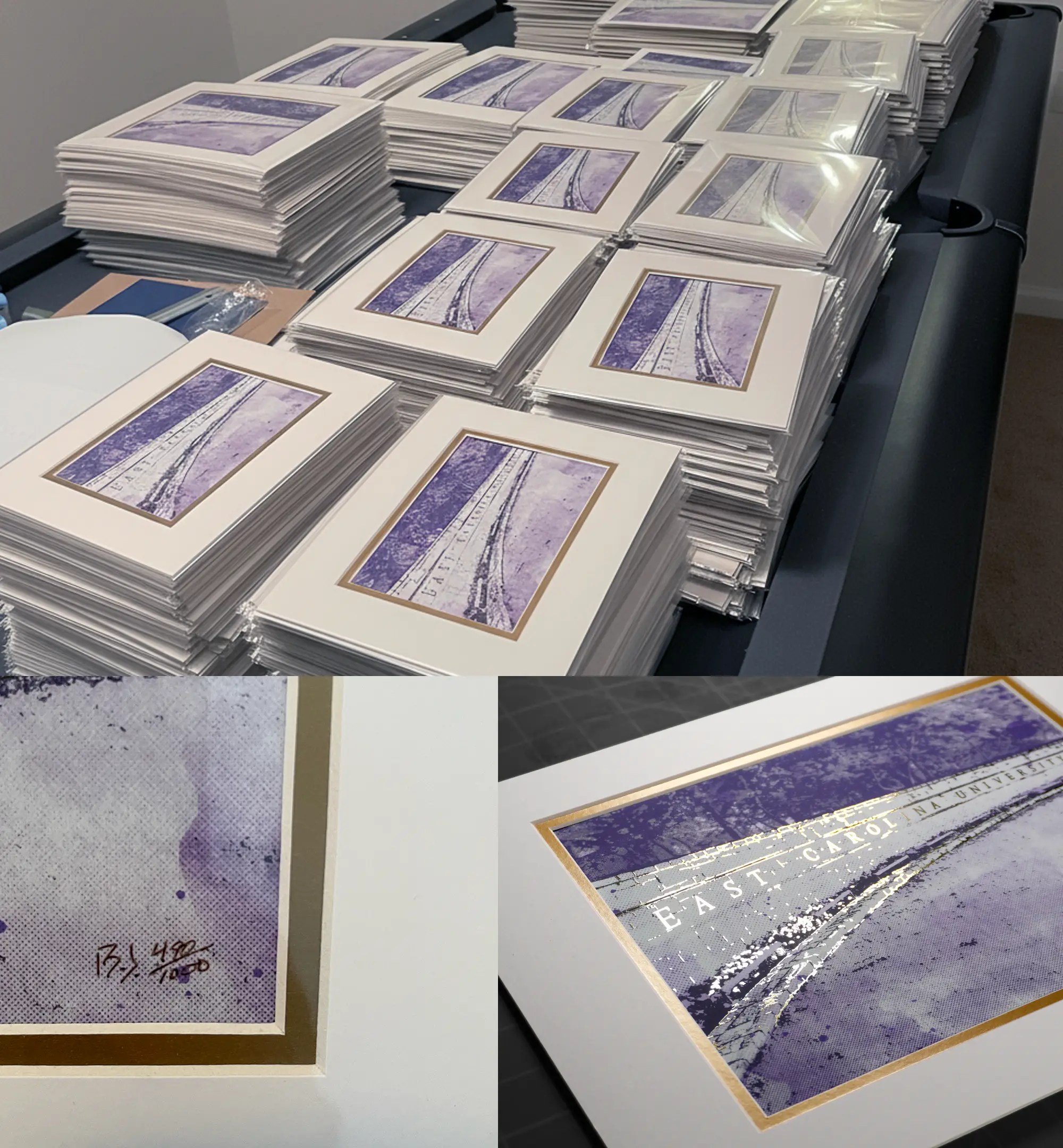 Table filled with custom ECU prints being organized for delivery.