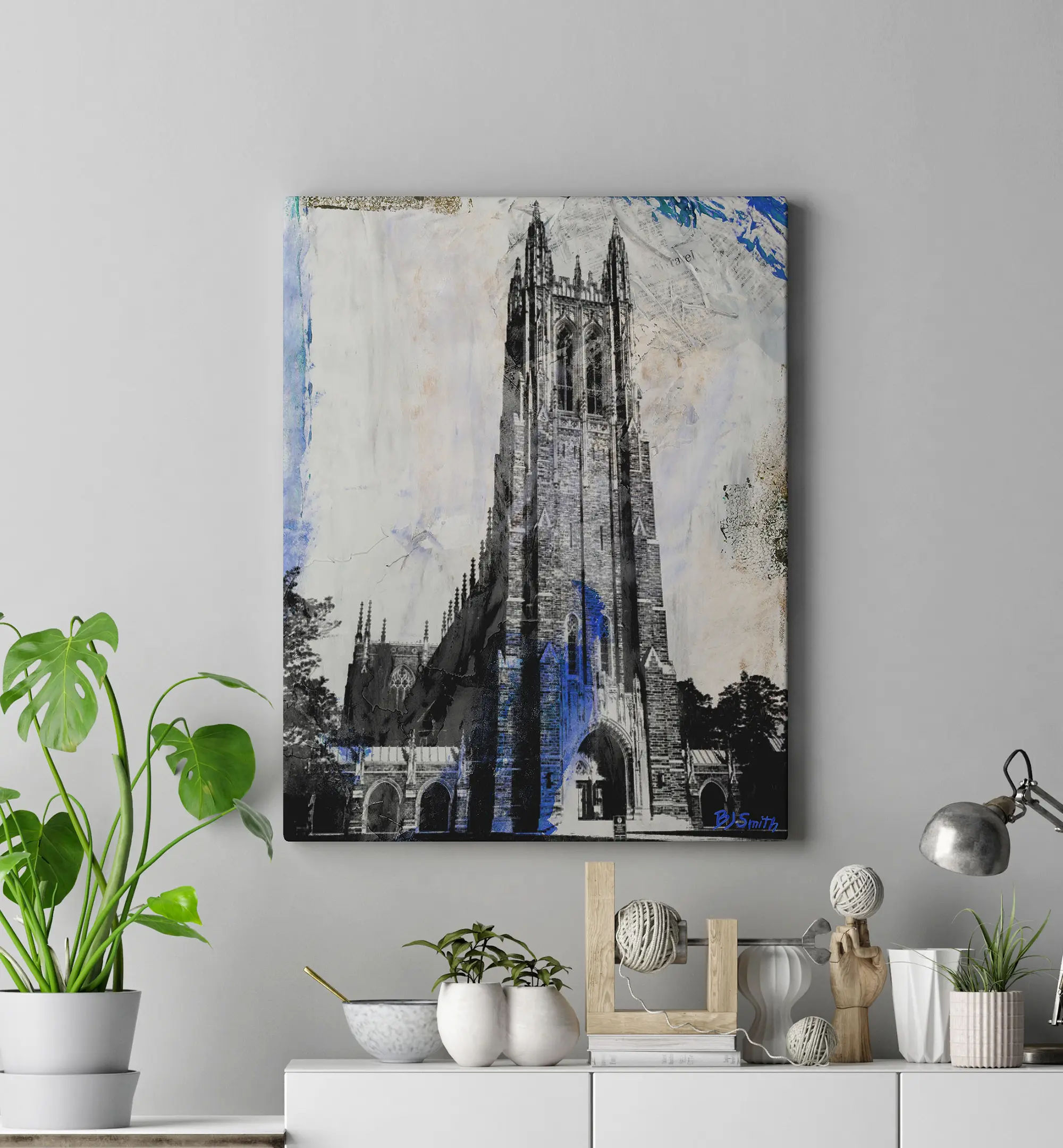 Duke Chapel canvas print hanging on a gray wall.