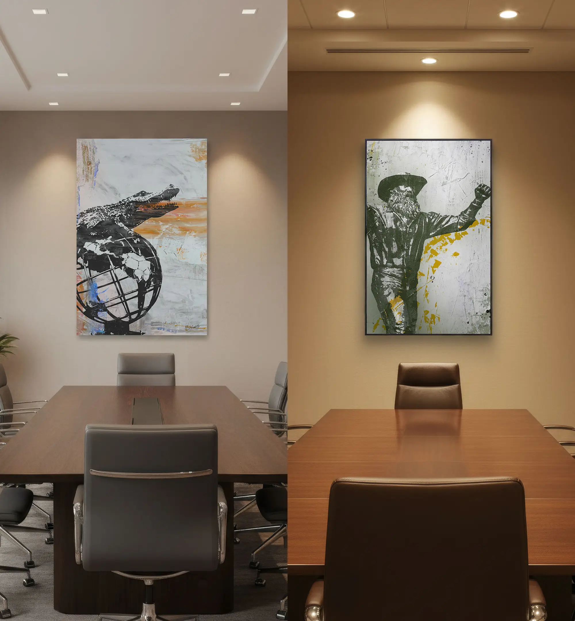 Side-by-side image of two conference rooms. Left room has a Gator Ubiquity print; Right has a Yosef print.