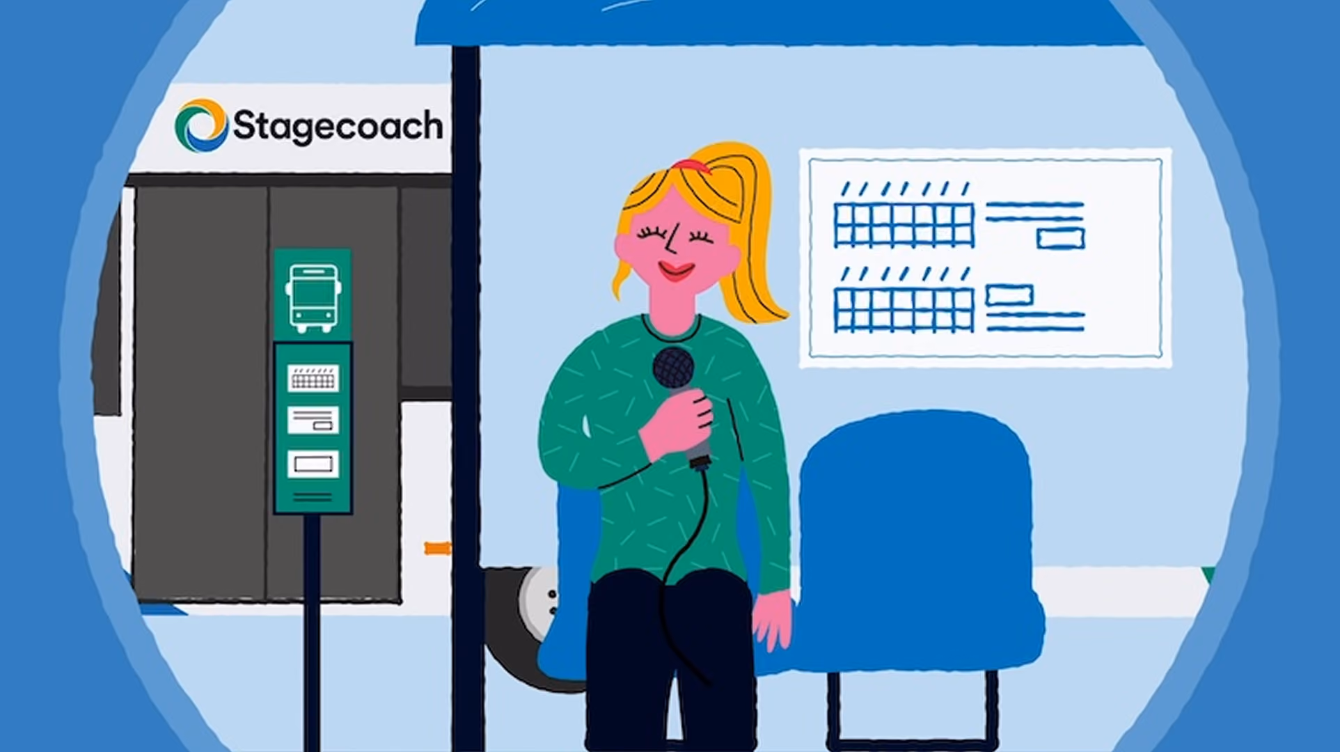 Animated illustration of a woman at a Stagecoach bus stop, from a Stagecoach campaign about electric buses