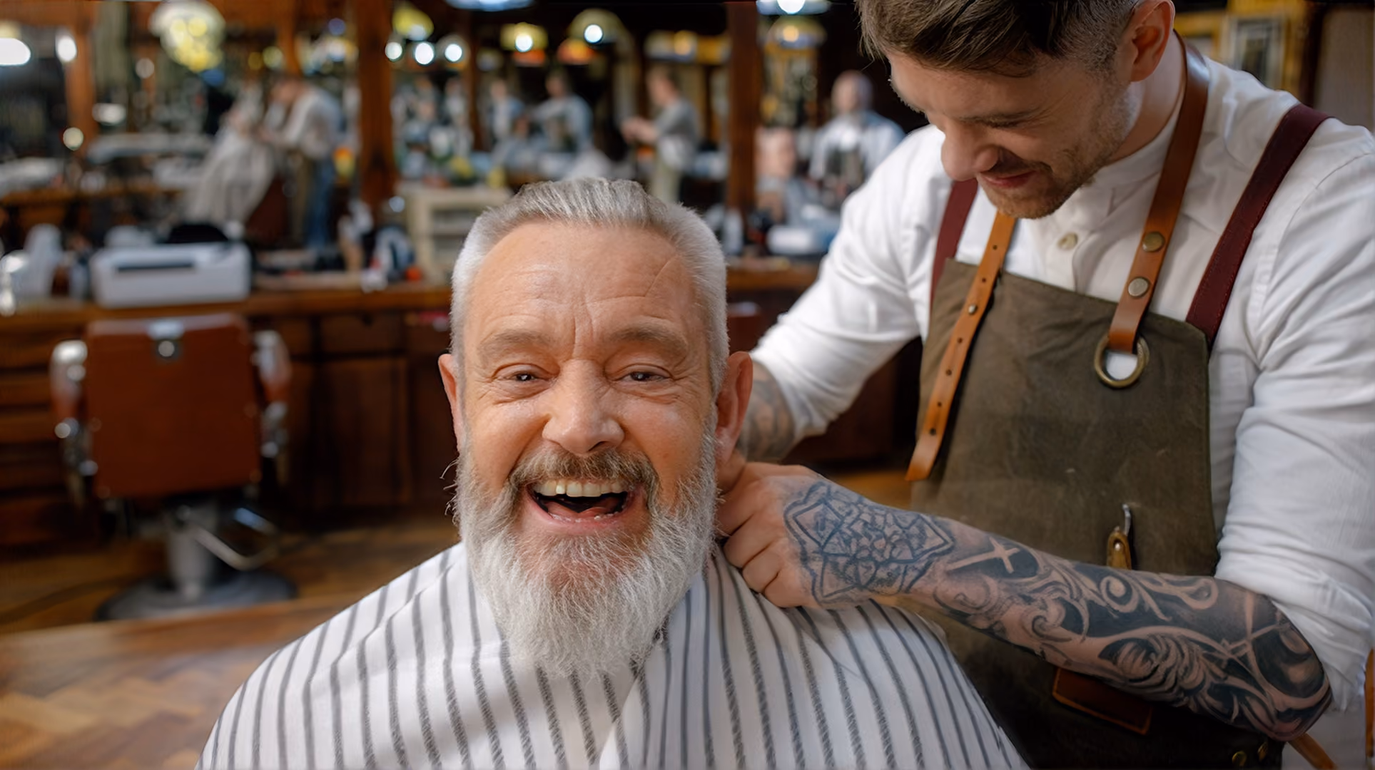 Smiling elderly man with a white beard wearing a striped barber cape, seated in a barbershop while a tattooed barber adjusts the cape behind him.