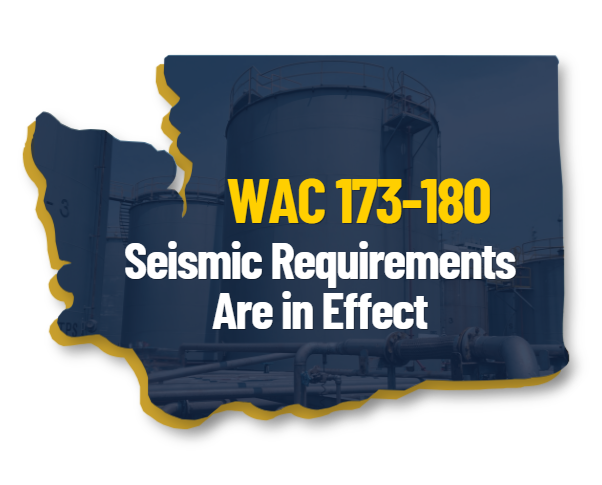Outline of the state of Washington with a background image of industrial storage tanks and piping. Text in the center reads 'WAC 173-180 Seismic Requirements Are in Effect' in yellow and white letters.