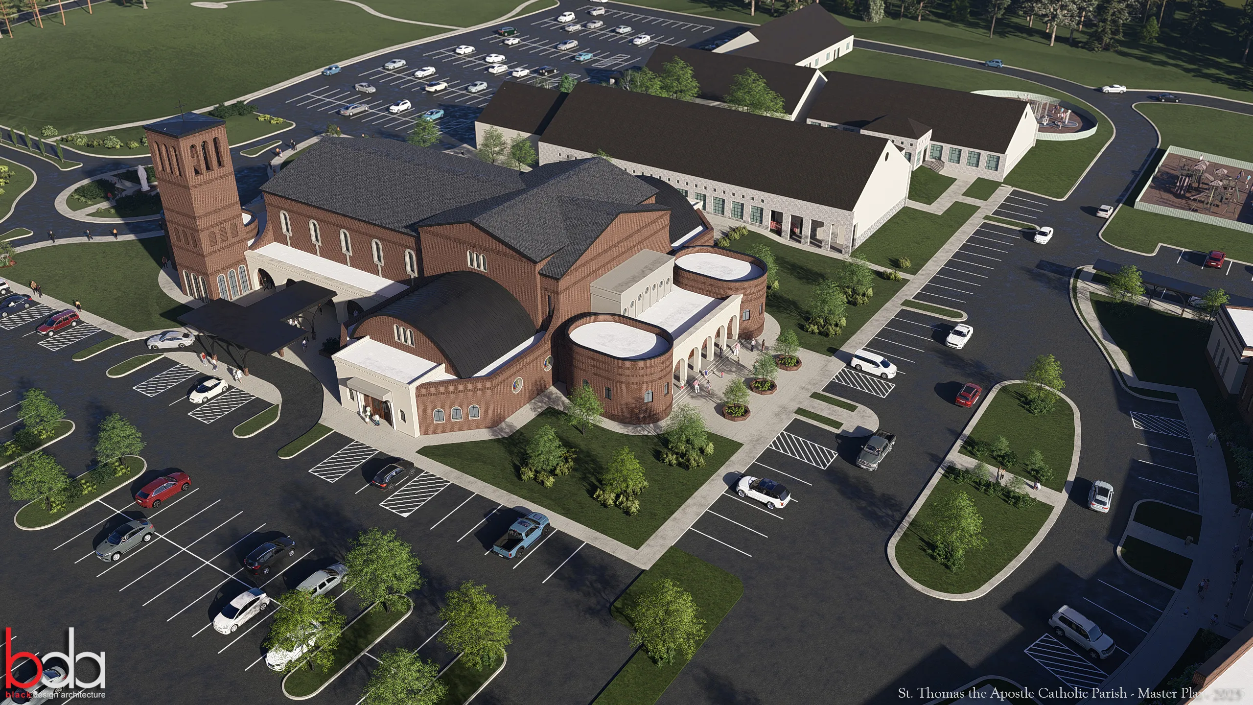 Aerial view of St. Thomas the Apostle Catholic Parish complex with a large brick church, attached tower, multiple parking lots, and surrounding green spaces.