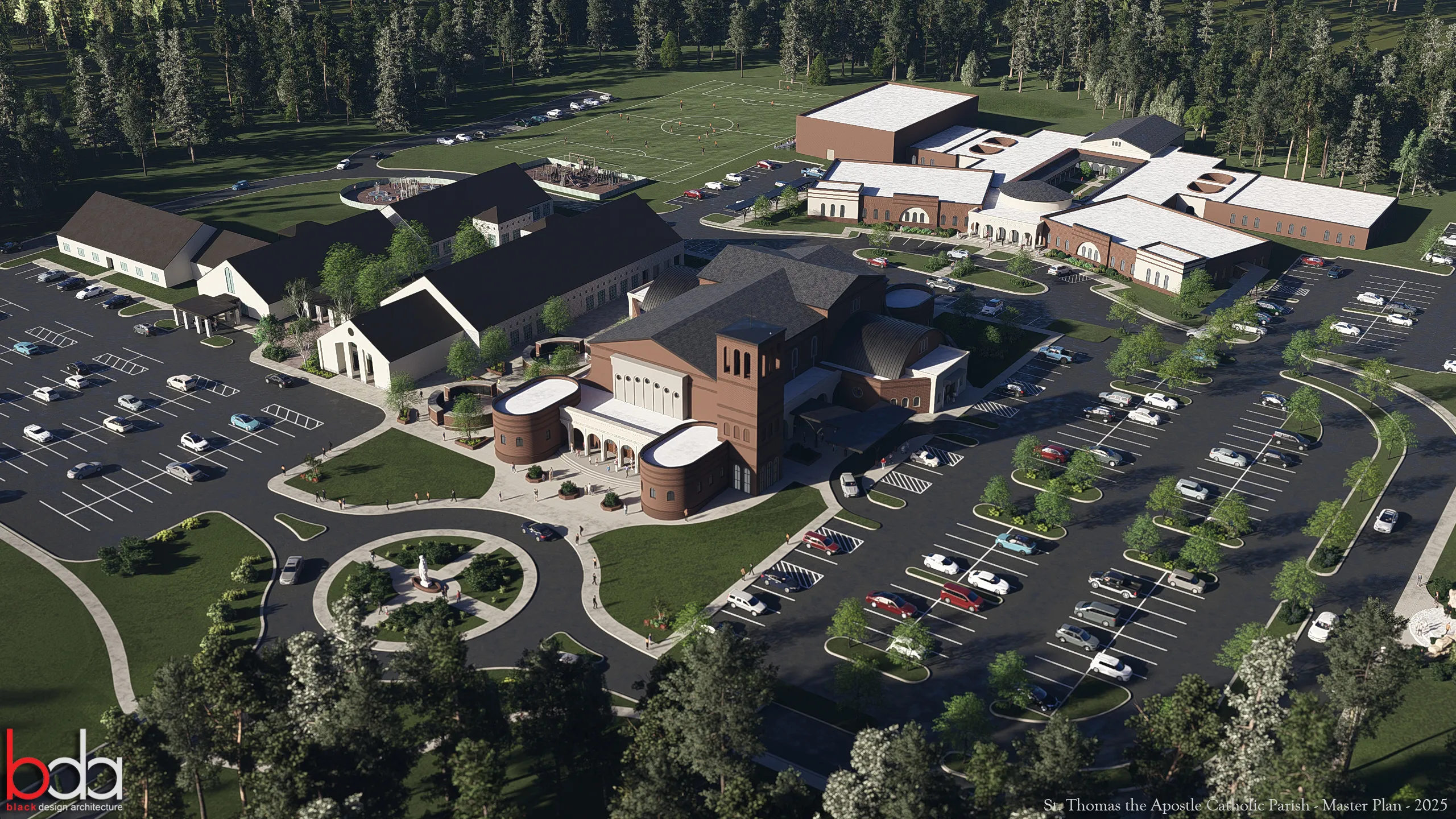 Aerial view of St. Thomas the Apostle Catholic Parish master plan showing multiple buildings, parking lots, a roundabout with a statue, soccer fields, and surrounding trees.