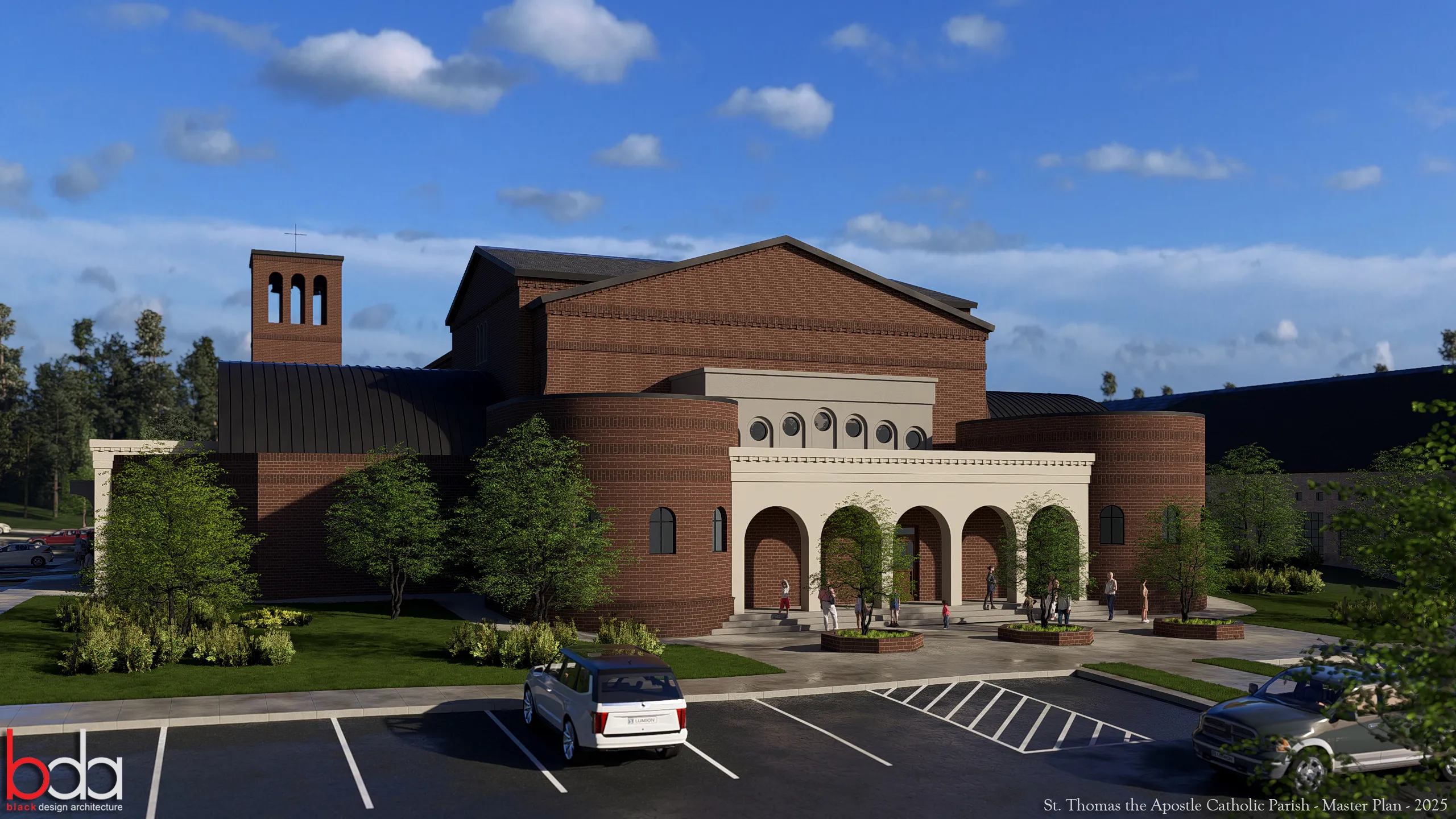 Exterior view of St. Thomas the Apostle Catholic Parish building with brick and beige facade, arched entrance, trees, parking lot, and people walking nearby.