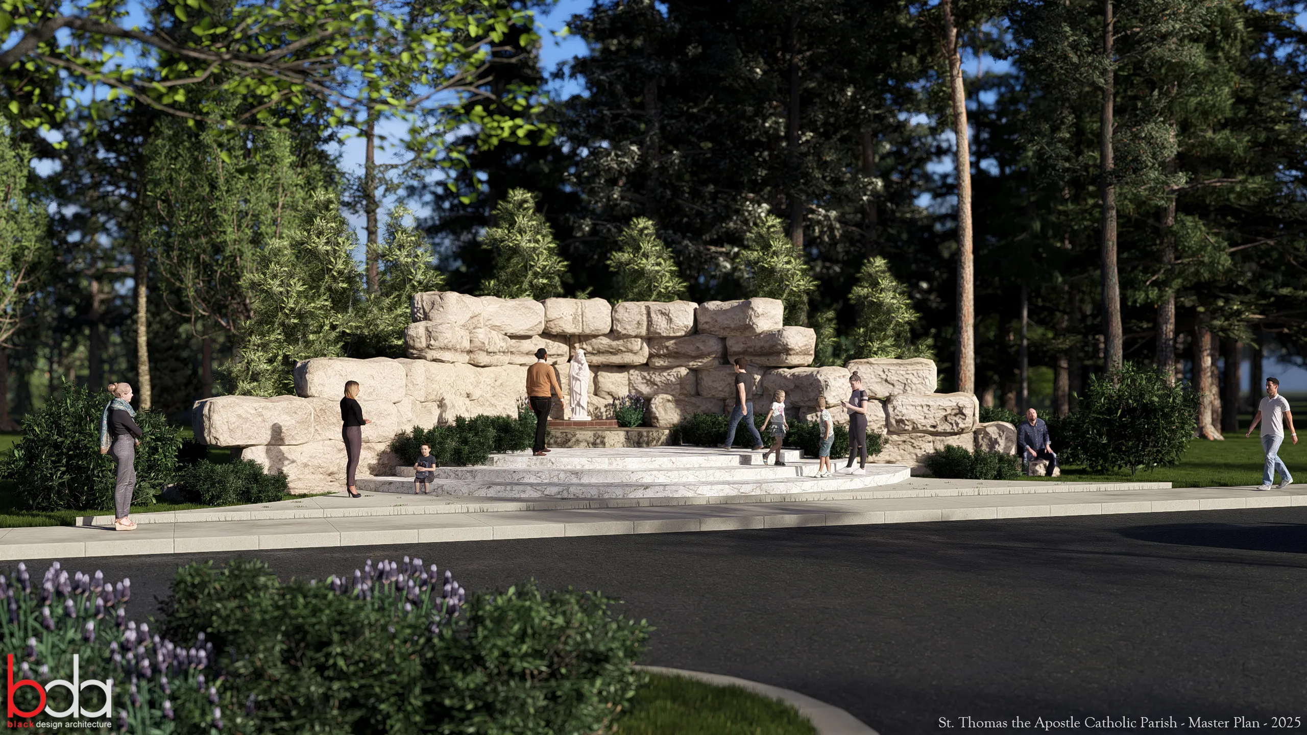 People gathered around a grotto for Our Lady surrounded by trees.