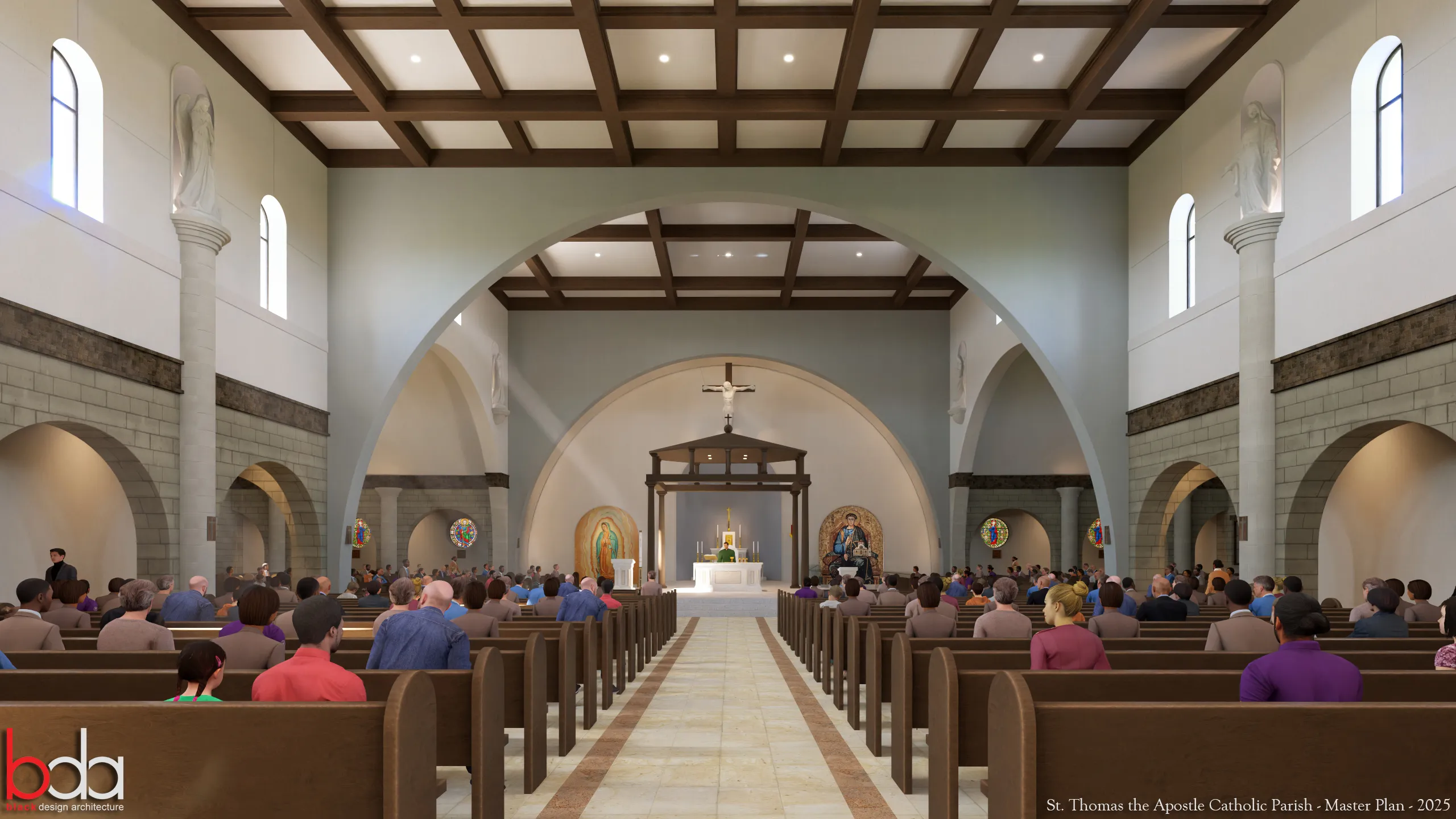Interior view of the church with wooden pews filled with people, a large arch framing the altar with a crucifix, statues, and stained glass windows.