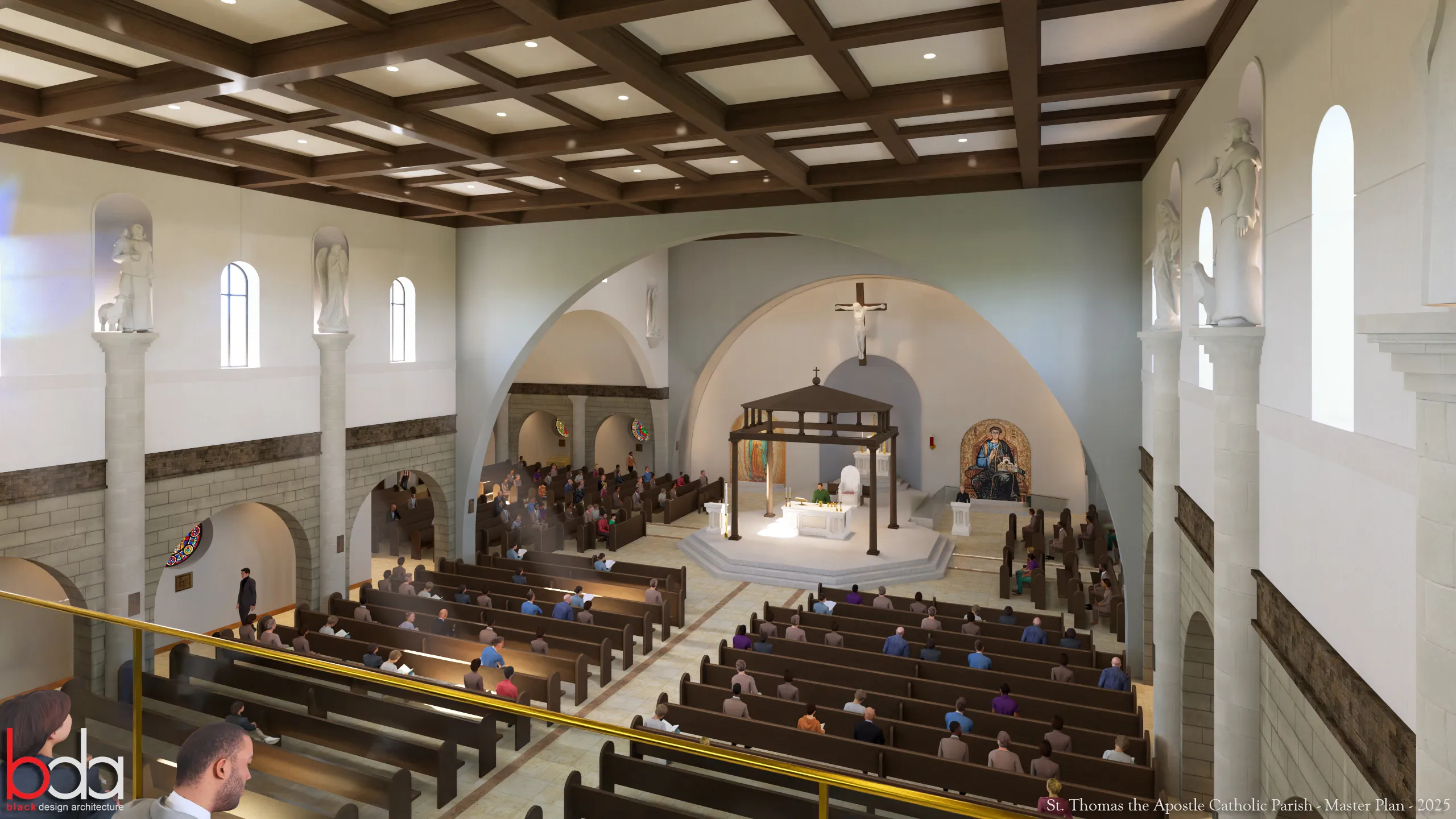 Interior view of the church with wooden pews, an altar under a canopy, statues in wall niches, and a crucifix on the wall behind the altar.