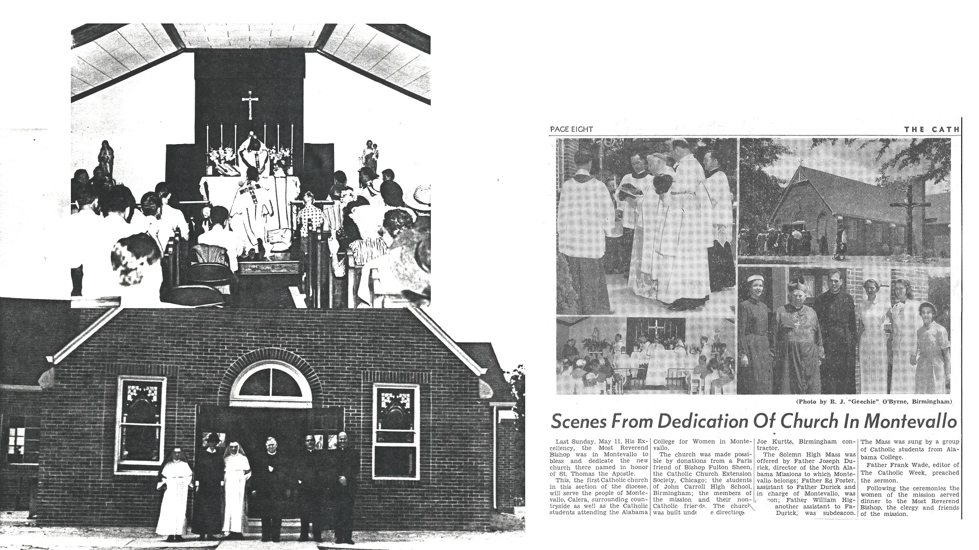 Black and white newspaper page showing multiple images from the dedication of a church in Montevallo, including clergy and congregation inside the church and a group standing outside the brick church building under a cross.