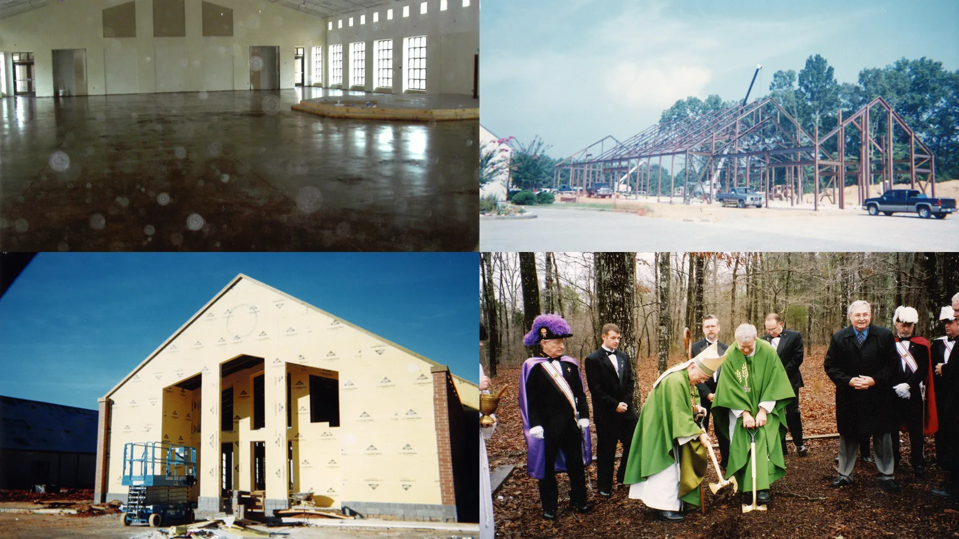 Four images showing stages of church construction: empty interior with stage, steel framework outside, building under construction with lift, and clergy with officials performing groundbreaking ceremony in a wooded area.