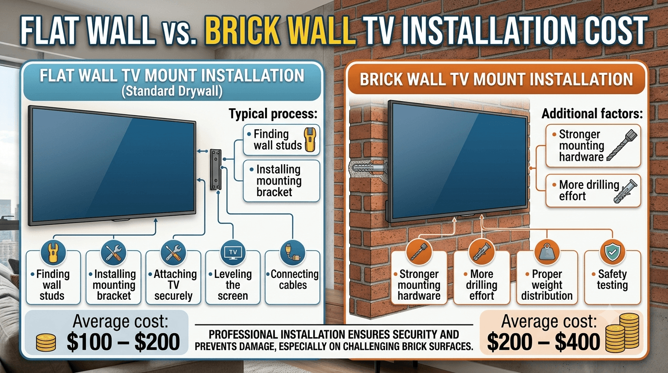 Flat Wall vs Brick Wall TV Installation Cost