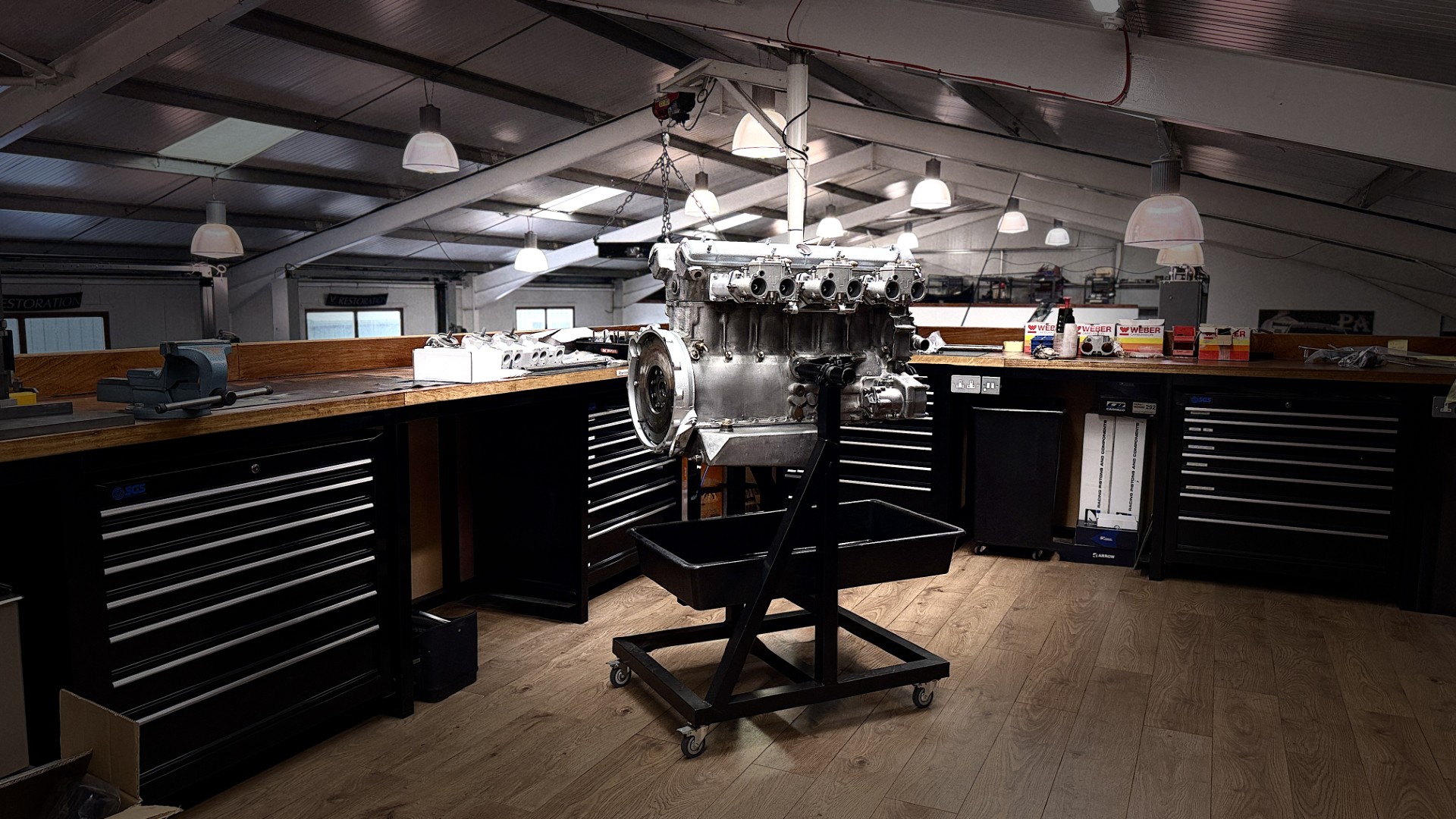 Aston Martin engine being rebuilt by engineers at Vantage Engineering.