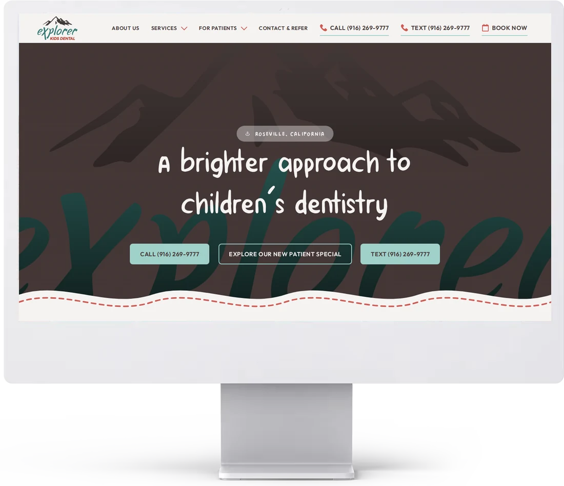 Explorer Kids Dental website on a desktop monitor