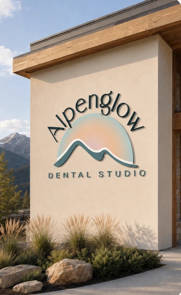 Alpenglow Dental Studio logo on the building exterior