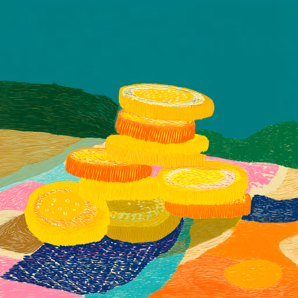 Colorful illustration of stacked gold coins on a multicolored surface, symbolizing digital payments or freelance earnings.