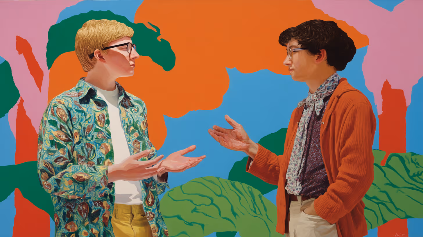 Colorful illustration of two men in patterned clothing having a conversation, set against a bold abstract background with leaves.