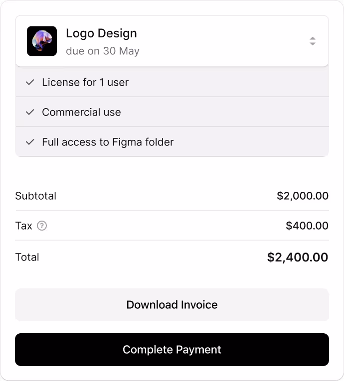 Payment summary screen for a logo design project on Ruul, showing itemized pricing, tax, and download/payment options.