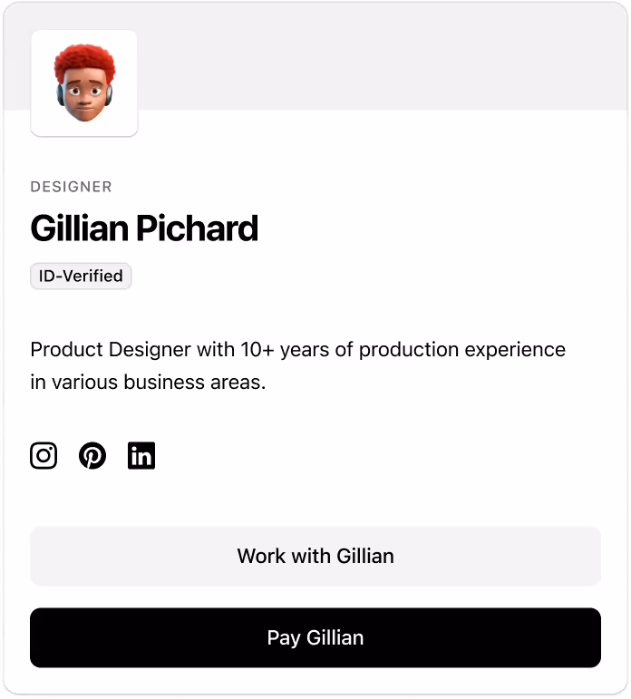 Ruul.Space profile card for Gillian Pichard, ID-verified product designer with over 10 years of experience.