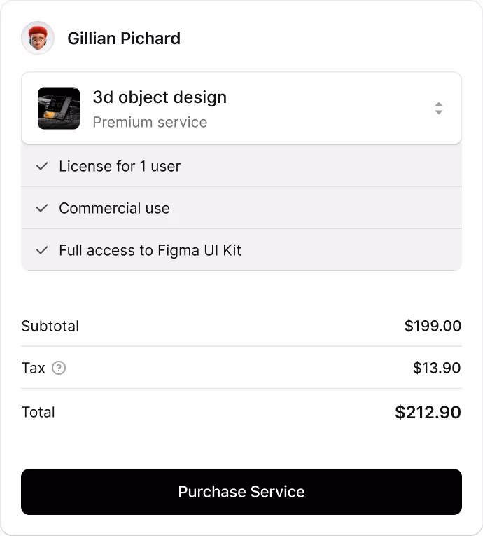 Checkout screen on Ruul.Space for purchasing a 3D object design service by Gillian Pichard, including license details and total price.