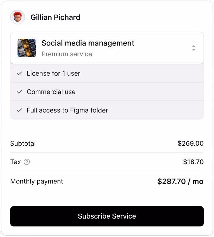 Subscription checkout screen on Ruul.Space for a premium social media management service, priced at $287.70 per month.