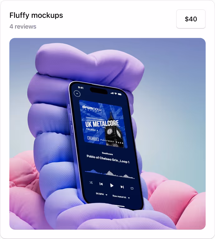 Fluffy mockups product listing on Ruul.Space featuring a soft, colorful 3D cushion hand holding a smartphone, priced at $40.