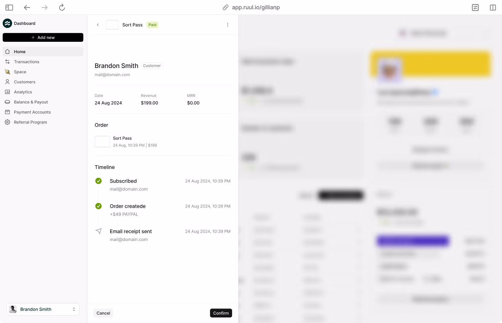 Payment request detail screen on Ruul.showing customer info, order summary, and transaction timeline