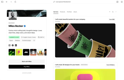 Freelancer designer profile on Ruul.Space showcasing Miles Becker’s services and creative poster designs.