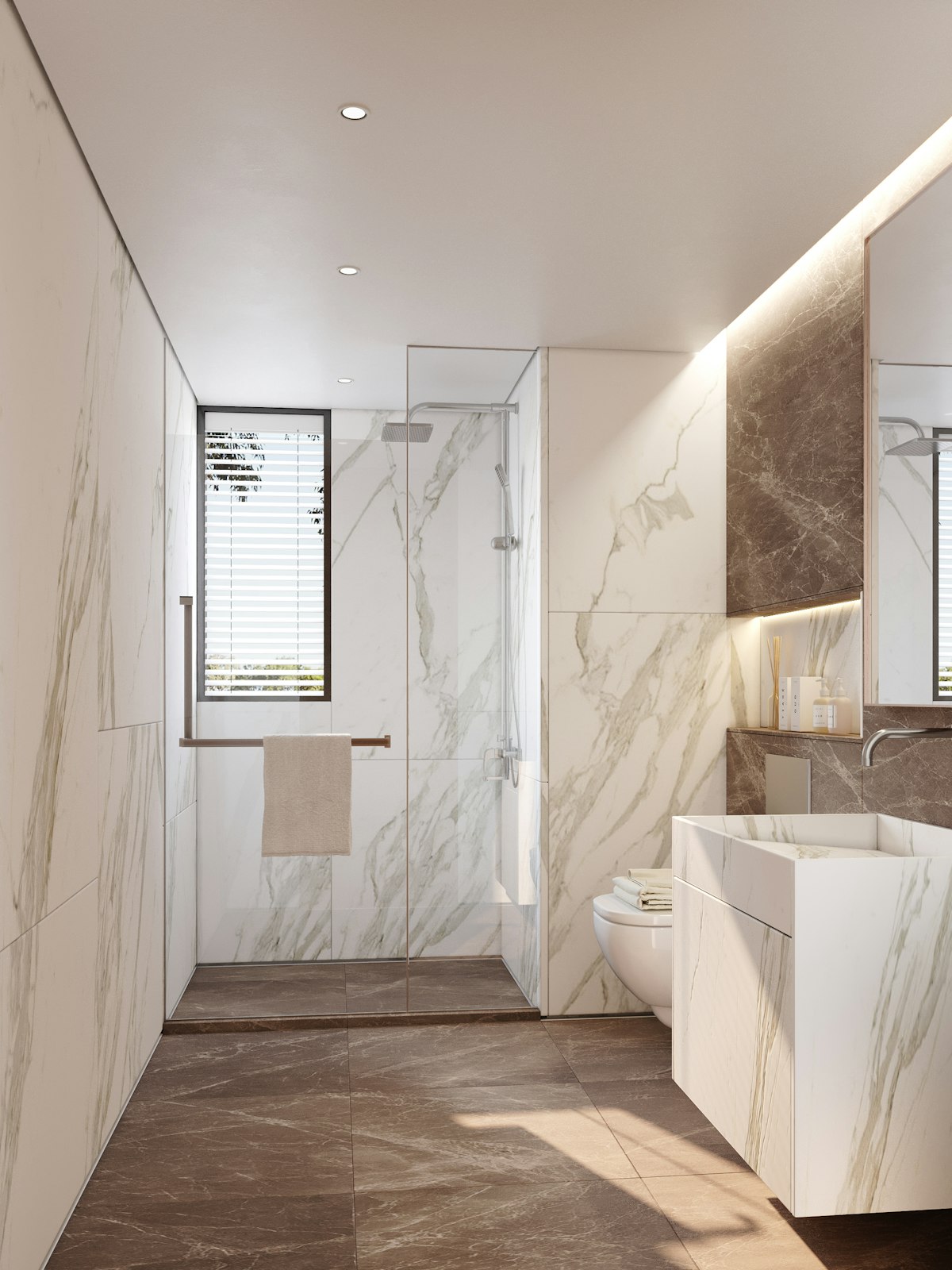 Modern bathroom with marble walls and a sleek sink, clean and dry