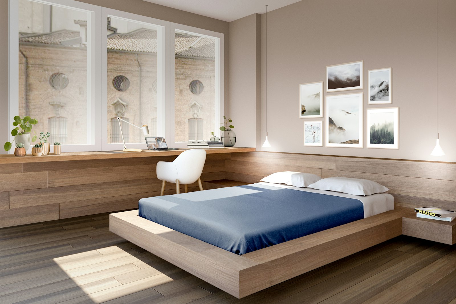 A neatly made bed and a tidy desk in a bright, calm bedroom