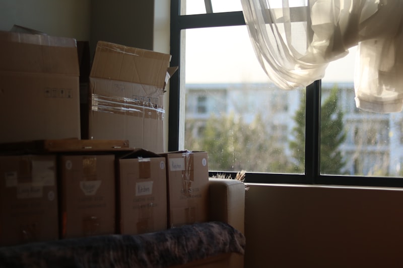 An empty room with sealed moving boxes beside a bright window