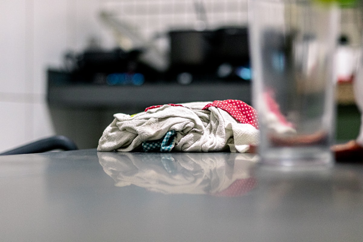 A cleaning cloth on a freshly wiped kitchen surface