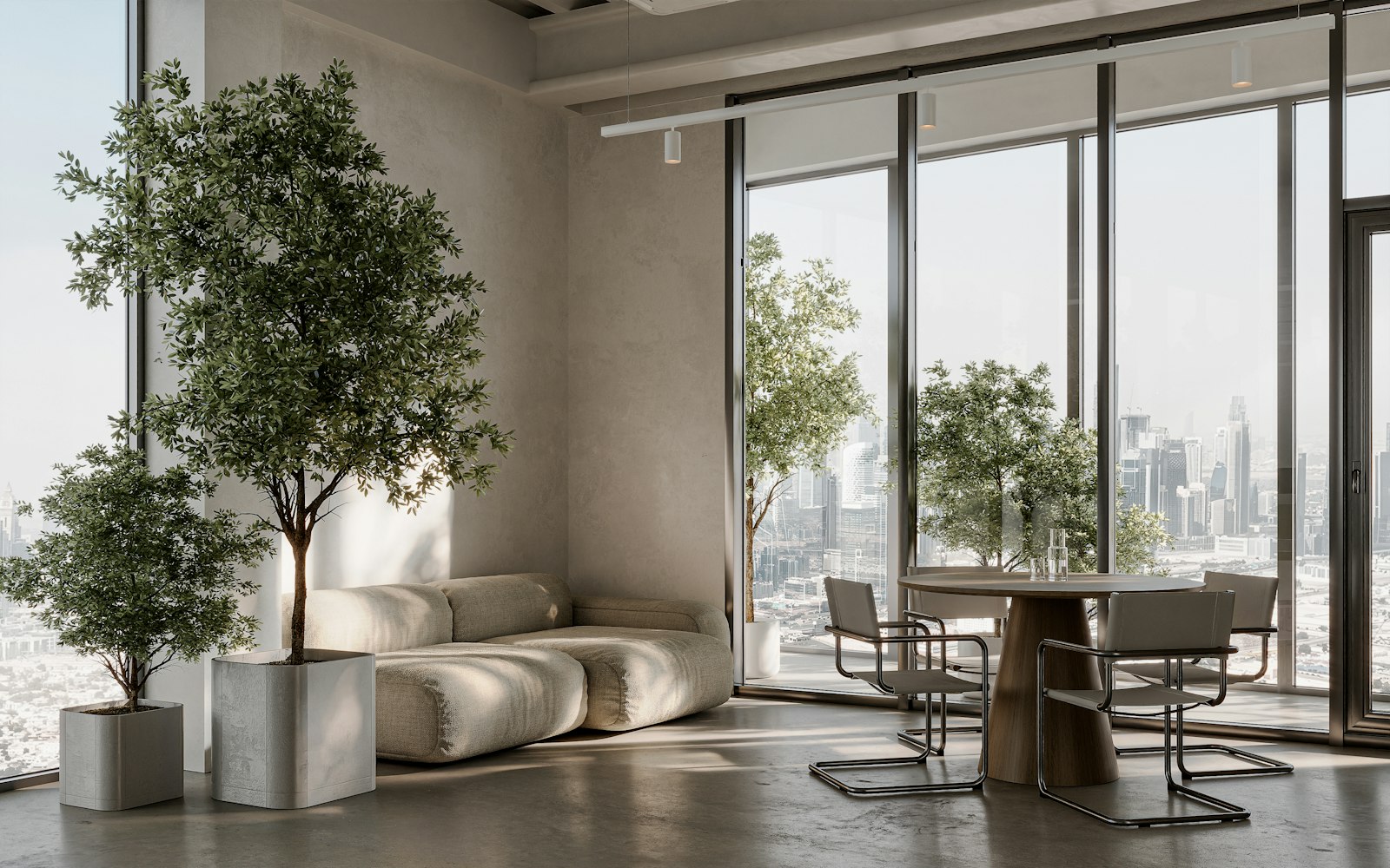 An airy high-rise living space with indoor plants and a city skyline beyond the windows