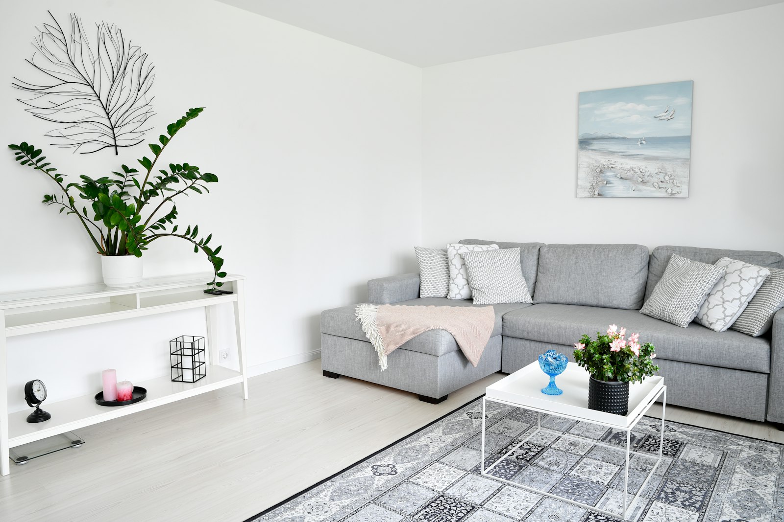 A bright modern apartment living room with a grey sectional sofa, houseplants and a patterned rug