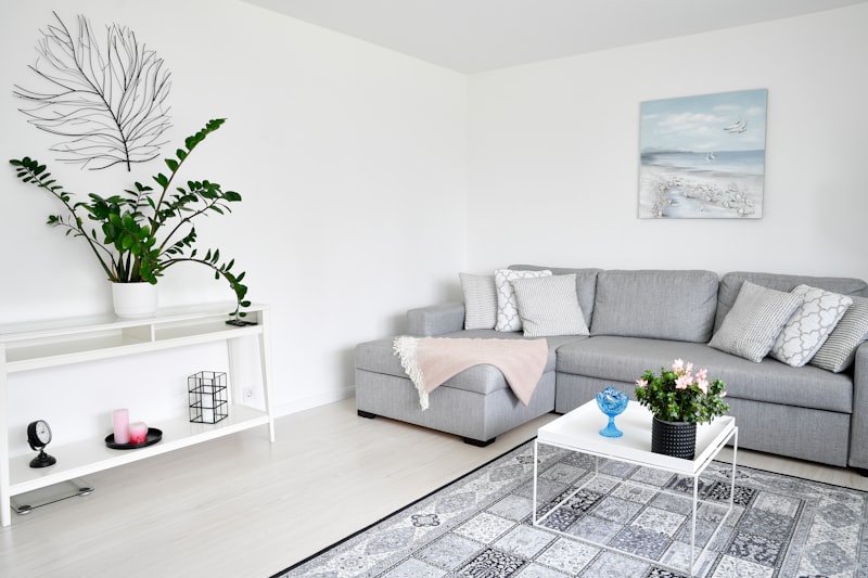 A bright modern apartment living room with a grey sectional sofa, houseplants and a patterned rug
