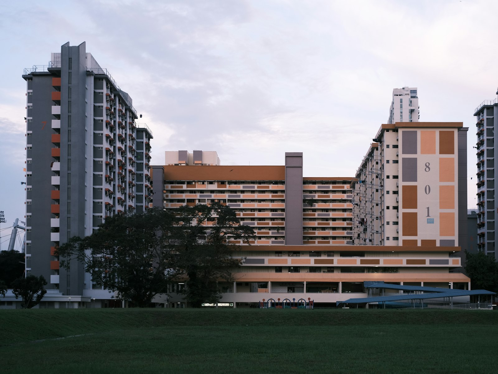 HDB blocks in Singapore under a pale, flat sky