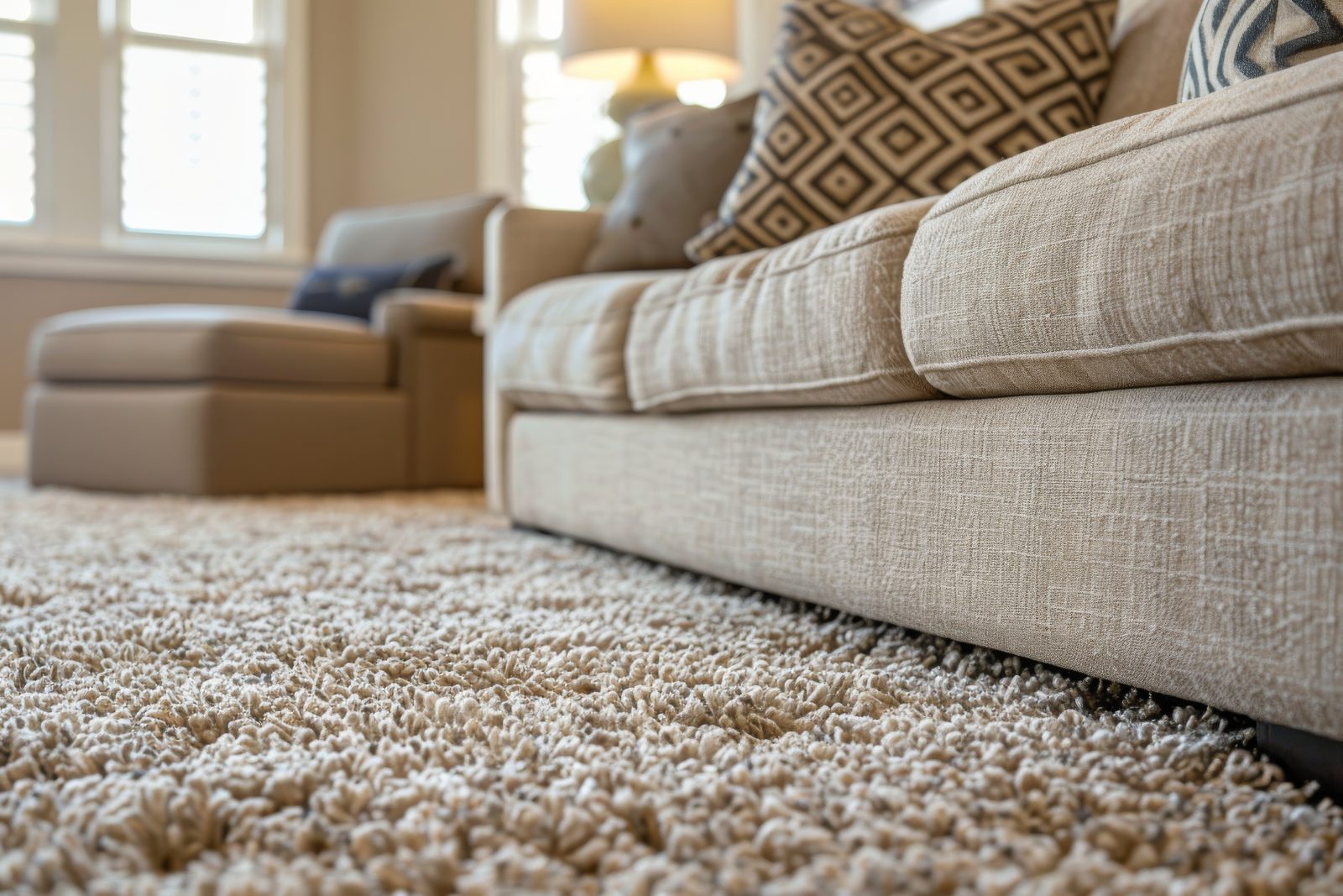 Close-up of a fabric sofa seat and a textured rug in a living room